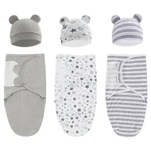 100% Organic Cotton Baby Swaddle Blanket Swaddle Wrap Hat Set for Infant Adjustable Newborn Swaddle Baby Swaddle for 0-3 Month