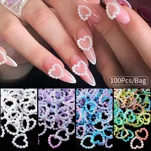 100Pcs/Bag Hollow Heart Pearl Nail Graduated Color Sticker Pearl Decoration DIY Nail Crafts Accessories Charm Nail Art Jewelry