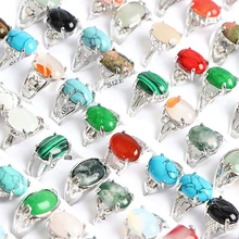 10Pcs/Lot New Fashion Bohemian Crystal Real Natural Stone Rings Jewelry For Women Men Silver Colorful Wedding Gift