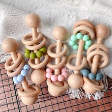 1pc Wooden Teether Bells Wood Rattles Baby Hanging Teether Toys Beech Wooden Ring Silicone Beads Infant Rattle Wooden Baby Toys