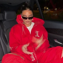 2000s Gothic Y2K Rhinestone Graphic Jacket Zip-up Hoodie Korean Streetwear Grunge Hip Hop Long Sleeve Top Sweatshirt Outerwear