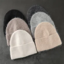 2022 Angora Winter Hat For Women Solid Color Real Rabbit Fur Beanies Woman Soft Knitted Bonnet Female Warm Ski Skullies Beanies