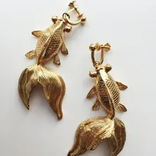 2022 Design Unique Yellow Gold Color Fish Hanging Earrings Party Wedding No Ear Hole Jewelry Women's Ear Clip Silver