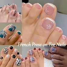 24pcs Summer Press on Toe Nails Fake Nail Tips with Designs Matte Set Red Rhinestone Reusable False Stick-on Nails Art