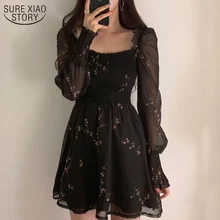 Autumn Womens Sexy Black Dress Vintage Flower Long Puff Sleeve Chiffon Dresses Korean Casual Mini Vestidos Mujer Clothes 13676