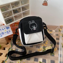 Canvas Women鈥榮 Phone Bag Cartoon Printed Shoulder Messenger Bag Fashion Hit Color Flap Purse Casual Handbag Female Shopping Bag