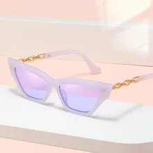Cat Eye Sunglasses Women Fashion Luxury Square Sun Glasses Female Metal Chain Temples Small Frame Black Purple Oculos De Sol