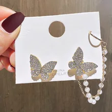 Elegant Asymmetrical Rhinestone Butterfly Drop Earrings For Women Girls Cute Trendy Pearl Chain Earrings Korean Jewelry Gifts