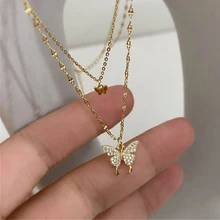 Elegant Zircon Butterfly Necklace Women Shiny Double Layer Clavicle Chain Pendant Anniversary Gift Jewelry Collares Para Mujer