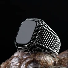 Fashion Men's Natural Black Square Onyx Ring Vintage Gemstone Engagement Rings Punk Biker Party Wedding Band