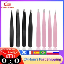 Hair Removal Tweezers Stainless Steel Eyebrow Tweezers Pink Slanted Black Tip Point Face Harmless Makeup Beauty Tool Black/Pink