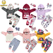 Infant Newborn Baby Girl Clothes 3Pcs Sets Patchwork Pocket Hoodies Sweatshirt Casual Pants Hairband Outfit Baby Girl Tracksuit