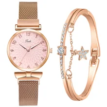 Korean Style Trendy Simple Distinctive Fashionable Round Disk Mesh Strap Magnetic Strap Women's Quartz Watch With Bracelet