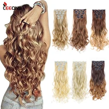 Leeons 22Inch Synthetic Long Curly 16Clips Clip In Hair Extensions Body Wave Hairpiece Heat Resistant Fiber Ombre Blond Women