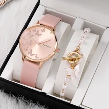 Luxury Ladies Bangle Quartz Watch Rose Leather Sport Strap Fashion Butterfly Bracelet (Without Box)
