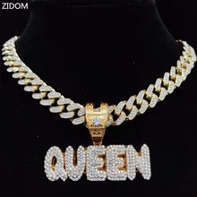 Men Women Hip Hop KING QUEEN Letter Pendant Necklace with 13mm Miami Cuban Chain Iced Out Bling HipHop Necklaces Fashion Jewelry