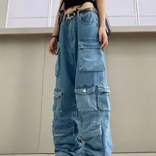 Multi-Pocket Blue Washed Cargo Pants Y2k Retro High Street Fashion High Waist Jeans Couple Harajuku Simple Casual Wide Leg Pants