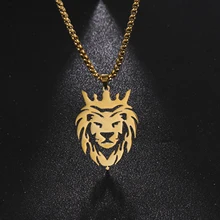 My Shape Lion with King Crown Necklaces for Men Boys Punk Animal Stainless Steel Pendant Necklace Men's Chain Fashion Jewelry