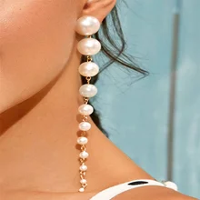 NINGW Korean Jewelry Elegant Simulated Pearls Long Dangle Earrings For Women Vintage White Round Pearl Wedding Earrings Gift