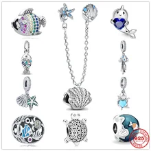 New Blue Fish Dangle Dolphin Whale Shell Starfish Squid Ocean Charm Silver 925 Bead Fit Original Bracelet DIY Jewelry