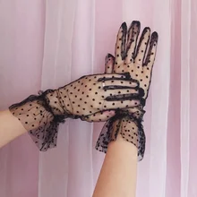 New Women Spots Lotus Leaf Sheers Stretchy Gloves Short Tulle Autumn Accessories Full Finger Lace Dot Tulle Gloves