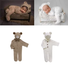 鉂わ笍Newborn Photography Clothing Mohair Bear Ear Hat+Jumpsuits 2Pcs/set Studio Baby Photo Prop Accessories Knitted Clothes Outfits