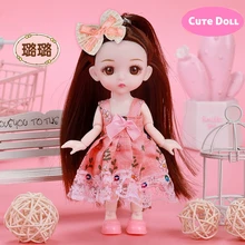 Pink Dress Long Hair Cute Body Doll for Girl Children Gift 17cm 13 Movable Joint