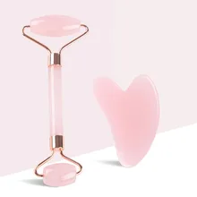 Pink Rose Quartz Jade Massager Roller Gouache Scraper Set Natural Crystal Stone Gua Sha Board Face Roller Skin Care Beauty Tool