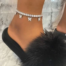SUMENG 2022 Butterfly Anklet Rhinestone Tennis Chain Foot Chain Jewelry For Women Summer Beach Anklet Butterfly Barefoot Chain