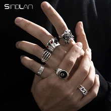 Sindlan 6Pcs Punk Poker Joker Silver Color Rings for Men Goth Skeleton Billiards Set Couple Emo Fashion Jewelry Anillos Hombre