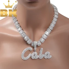 THE BLING KING Custom Brush Script Letter Two Tone Pendant Micro Paved CZ Personalized Name Plate Necklace Hiphop Jewelry