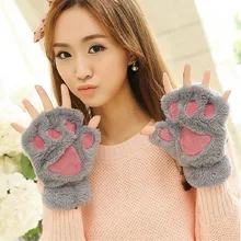 Women Cartoon Cat Claw Gloves Girls Thickened Plush Lovely Style Bear Paw Exposed Fingers Half Finger Winter Warm Gloves T01