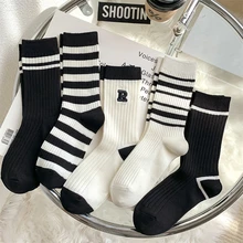 Women Socks Autumn Simple Casual Black White Striped Pile Socks For Girls Breathable Middle Tube Letter Embroidery Cotton Soft