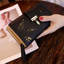 Women's Hollow Golden Leaf Buckle Wallet Female Long Zipper Coin Purses Ladies Multifunction Card Holder Clutch Money Bag