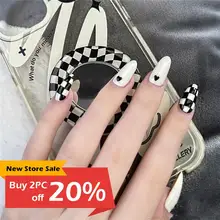 artificial nails 24pcs checkerboard press on nails Sticker Fake Nails Tips With Glue Full Cover Detachable Finished Fingernails